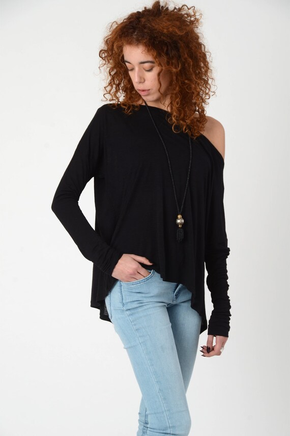 Black Tops Long Sleeve Top Boat Neck Top Oversize Wide Neck - Etsy