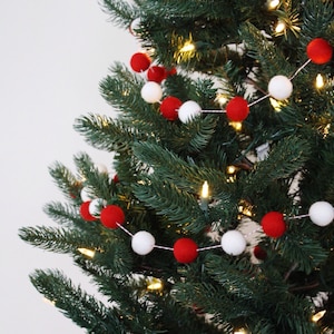 Christmas Tree Garland, Christmas Felt Ball Garland, Holiday Pom Pom Garland, Banner, Red and White Felt Garland image 1