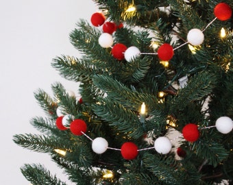 Christmas Tree Garland, Christmas Felt Ball Garland, Holiday Pom Pom Garland, Banner, Red and White Felt Garland