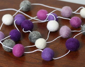 Purple and Grey Felt Ball Garland, Girls Baby Shower Pom Pom Garland, Banner, Party Decor
