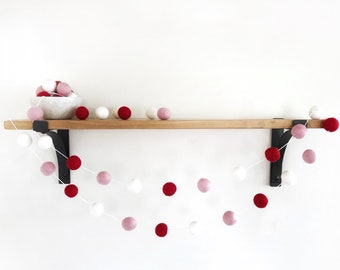 Always and Forever Valentine's Day Felt Ball Garland, Valentines Day Garland, Red Pink and White Valentines Day Decor