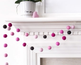 Chocolate Covered Cherries Felt Ball Garland, Valentines Day Pom Pom Garland, Pink and Chocolate Valentines Banner