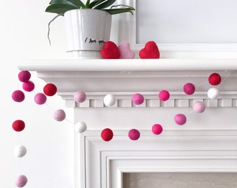 Pinks and Reds Valentines Day Pom Pom Garland, Valentine's Day Felt Ball Garland,