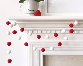 Valentine's Day Felt Ball Garland, Holiday Pom Pom Garland, Banner, Valentines Day Red and White Party Decor