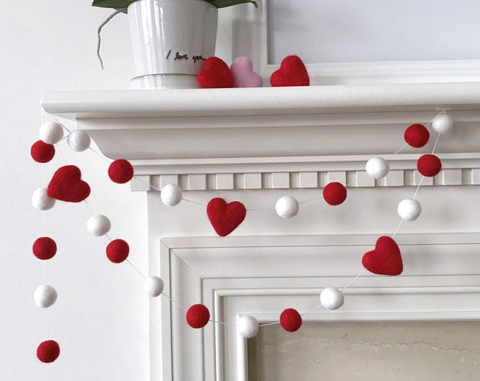 Featured listing image: Red and White Hearts Valentines Day Felt Ball Garland