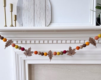Fall Leaves Garland, Thanksgiving Felt Ball Garland, Autumn Decor, Orange Gold Burgundy and Brown Pom Pom Garland