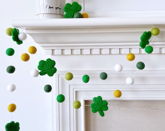 Lucky Saint Patrick's Day Felt Ball Garland, Green and Gold Pom Pom Garland