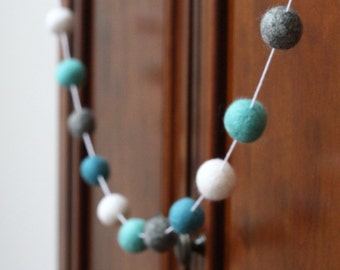 Felt Ball Garland, Turquoise and Gray Baby Shower Garland, Pom Pom Garland, Birthday Party Decor