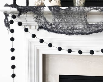 Black Felt Ball Garland, Halloween Pom Pom Garland, Wedding Banner, Party Decor, Over the Hill Decorations