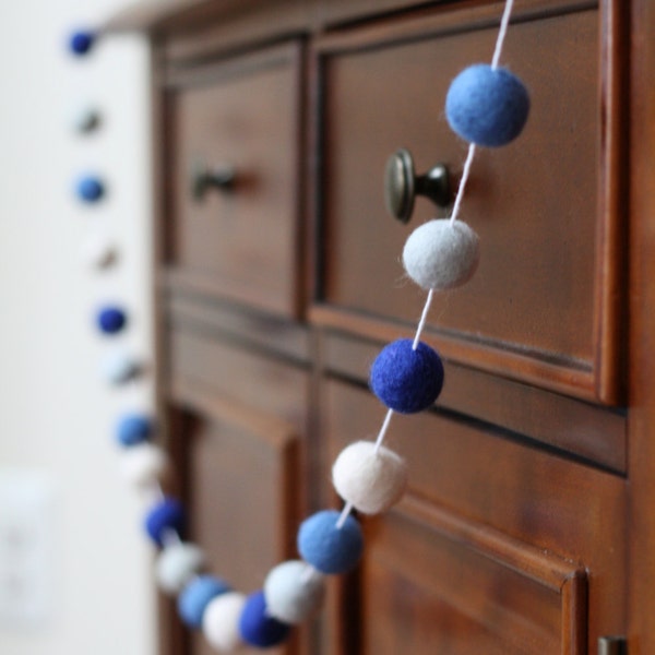 Blue Ombre Felt Ball Garland, Boy Baby Shower Pom Pom Garland, Banner, Party Decor