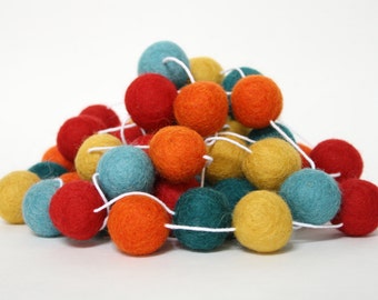 Pom Pom Garland, Circus Felt Ball Bunting, Teal Yellow Orange and Red Baby Shower Decoration, Banner, Birthday Party Decor