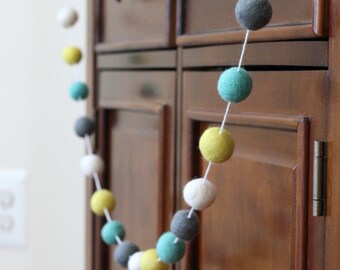 Felt Ball Garland, Turquoise and Yellow Baby Shower Garland, Pom Pom Garland, Birthday Party Decor