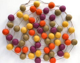 Autumn Harvest Felt Ball Garland, Autumn Decor, Orange Gold Brown and Purple Pom Pom Garland, Thanksgiving Felt Ball Garland