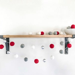 Metallic Red and Grey Felt Ball Garland, Christmas Decor, Holiday Pom Pom Garland, Christmas Decoration, Felt Ball Bunting