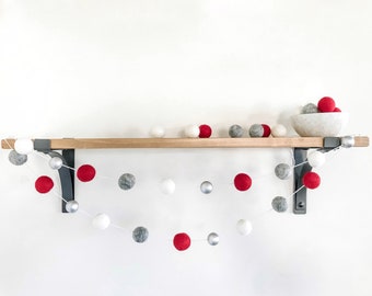 Metallic Red and Grey Felt Ball Garland, Christmas Decor, Holiday Pom Pom Garland, Christmas Decoration, Felt Ball Bunting