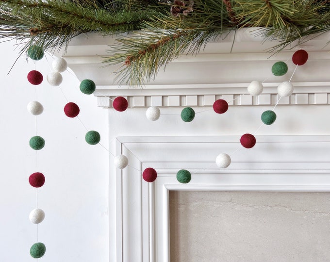 Featured listing image: Vintage Christmas Felt Ball Garland, Burgundy and Green Holiday Pom Pom Garland, Banner, Party Decor