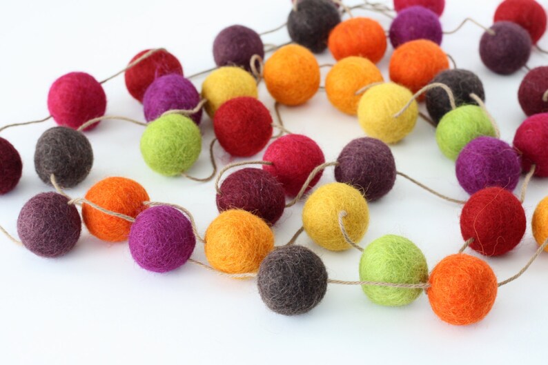 Fall Felt Ball Garland, Autumn Decor, Orange Yellow Green Purple and Brown Pom Pom Garland, Party Decoration, Thanksgiving Felt Ball Bunting image 1