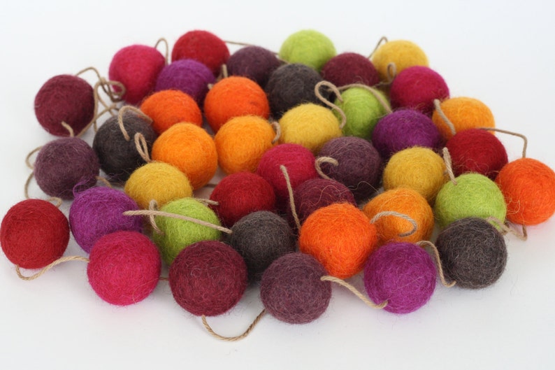 Fall Felt Ball Garland, Autumn Decor, Orange Yellow Green Purple and Brown Pom Pom Garland, Party Decoration, Thanksgiving Felt Ball Bunting image 2