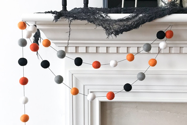 Halloween Garland, Orange Grey and Black Felt Ball Garland, Ghost and Pumpkin Pom Pom Garland, Halloween Banner, Halloween Party Decor image 2