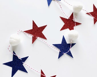 Red White and Blue Glitter Banner with Felt Balls, Fourth of July Banner, Glitter Party Decor, Fourth of July Glitter Banner