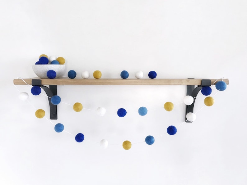 Hanukkah Felt Ball Garland, Blue Gold and White Garland, Chanukkah Garland, Hanukkah Decor image 1