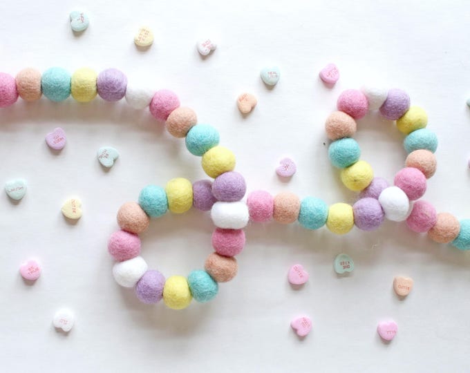 Featured listing image: Conversation Hearts Garland, Conversation Hearts Felt Ball Garland, Valentines Day Garland, Valentines Banner, Valentines Day Decor