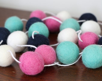 Pink, Navy and Turquoise Baby Shower Garland, Felt Ball Garland, Girls Pom Pom Garland, Nursery Decor