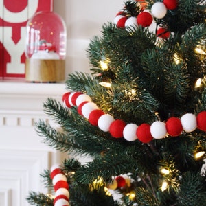 Christmas Tree Garland, Christmas Felt Ball Garland, Holiday Pom Pom Garland, Banner, Red and White Felt Garland image 6