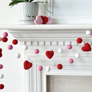 Valentines Day Felt Ball Garland with Red Hearts