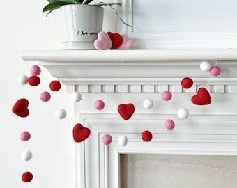 Valentines Day Felt Ball Garland with Red Hearts