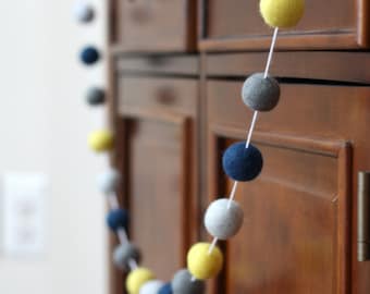 Felt Ball Garland, Navy Grey and Yellow Baby Shower Pom Pom Garland, Banner, Party Decor