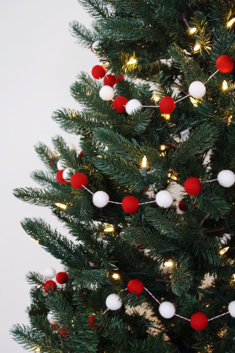 Christmas Tree Garland, Christmas Felt Ball Garland, Holiday Pom Pom Garland, Banner, Red and White Felt Garland image 1