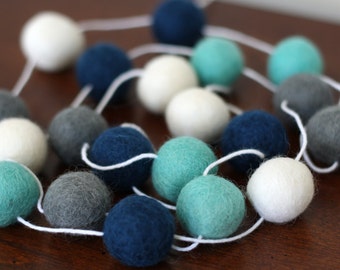 The Blues Felt Ball Garland, Boy Baby Shower Pom Pom Garland, Birthday Party Decor, Navy Turquoise and Grey