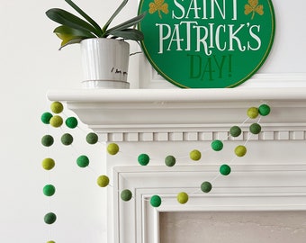 Luck of the Irish St. Patricks Day Felt Ball Garland, Shades of Green Pom Pom Garland