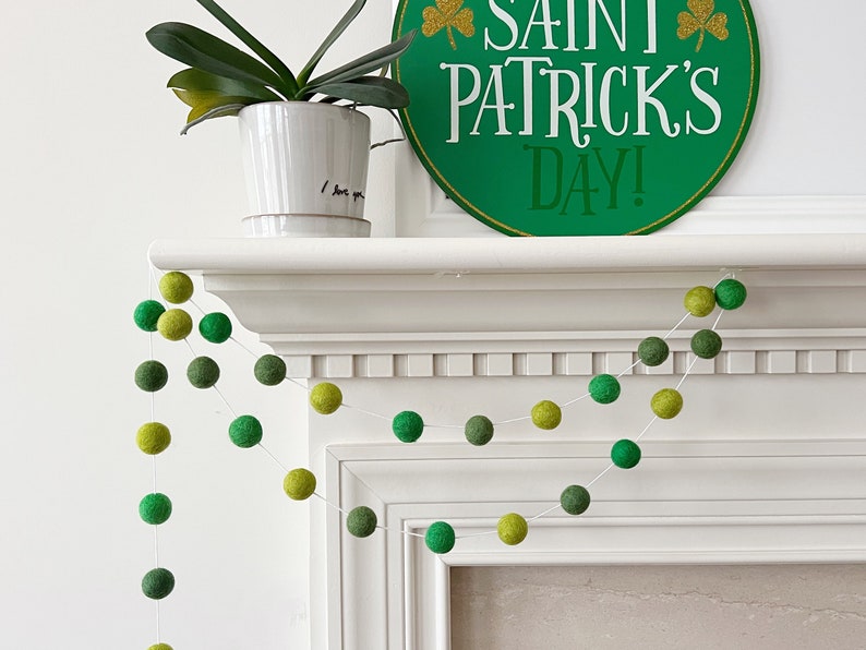 Luck of the Irish St. Patricks Day Felt Ball Garland, Shades of Green Pom Pom Garland image 1
