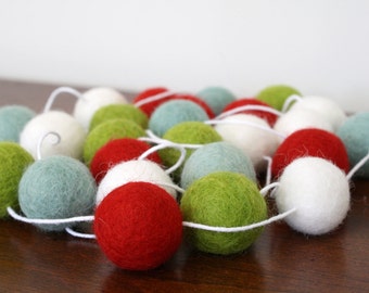 Playful Christmas Felt Ball Garland, Holiday Pom Pom Garland, Banner, Party Decor, Red, Green, White and Turquoise