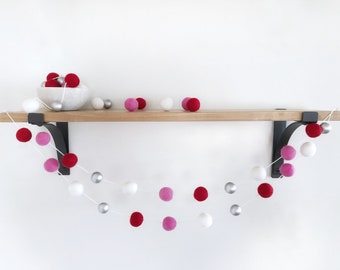 Be My Valentine Garland, Red Pink White and Silver Felt Ball Garland, Valentines Day Garland, Valentines Banner, Valentines Day Decor