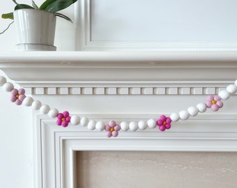 Spring Flower Felt Ball Garland with Felt Daisies