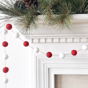 Christmas Tree Garland, Christmas Felt Ball Garland, Holiday Pom Pom Garland, Banner, Red and White Felt Garland image 3