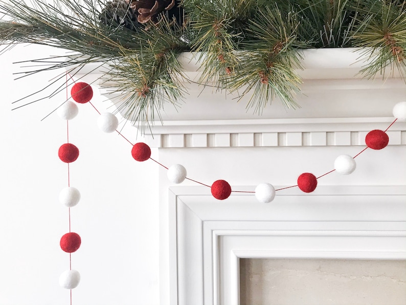 Christmas Tree Garland, Christmas Felt Ball Garland, Holiday Pom Pom Garland, Banner, Red and White Felt Garland image 3