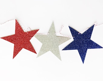 Fourth of July Stars Glitter Banner, Independence Day Banner, Red silver and Blue Stars Banner,