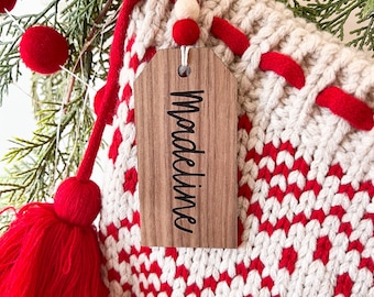 Custom Wooden Christmas Stocking Name Tag - Walnut Stained