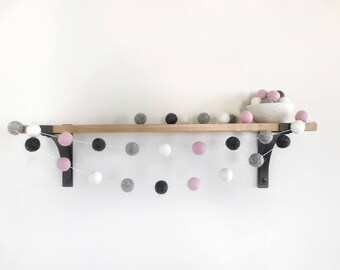 Black White and Pink Felt Ball Garland, Girl Baby Shower Pom Pom Garland, Monochrome Wedding Banner, Birthday Party Decoration