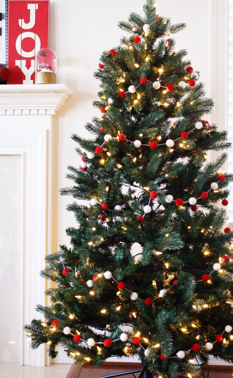 Christmas Tree Garland, Christmas Felt Ball Garland, Holiday Pom Pom Garland, Banner, Red and White Felt Garland image 2