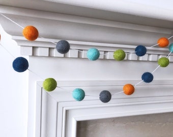 Felt Ball Garland, Boy Baby Shower Pom Pom Garland, Banner, Party Decor - Green Orange Turquoise Navy and Grey