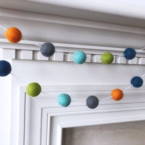 Felt Ball Garland, Boy Baby Shower Pom Pom Garland, Banner, Party Decor - Green Orange Turquoise Navy and Grey