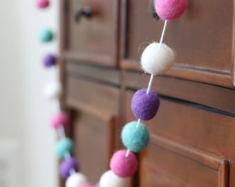 Sweet Shop Felt Ball Garland, Pink Purple Turquoise and White Girls Baby Shower Pom Pom Garland, Banner, Party Decor