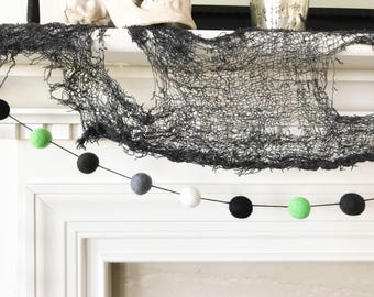 Halloween Felt Ball Garland, Green Grey Black and White Felt Ball Banner, All Hallows Eve Decoration, Ghost Party, Frankenstein Deocr