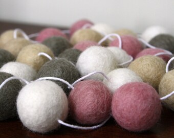 Felt Ball Garland, Pink Beige Grey White Nursery Decoration, Baby Shower Pom Pom Garland, Girl Birthday Party Banner, Mantel Decoration