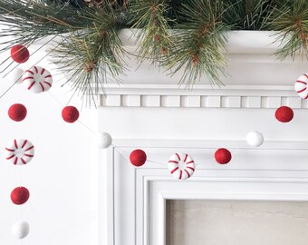 Guirlande de boules de feutre de Noël menthe poivrée, décoration de Noël, guirlande de pompons des fêtes, décoration de Noël, banderoles de boules en feutre